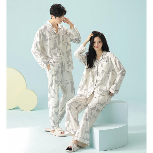 【抗菌新疆棉】自然醒「法式情长」情侣睡衣女春秋抗菌棉男士长袖开衫宽松大码家居服套装JLM 商品图8