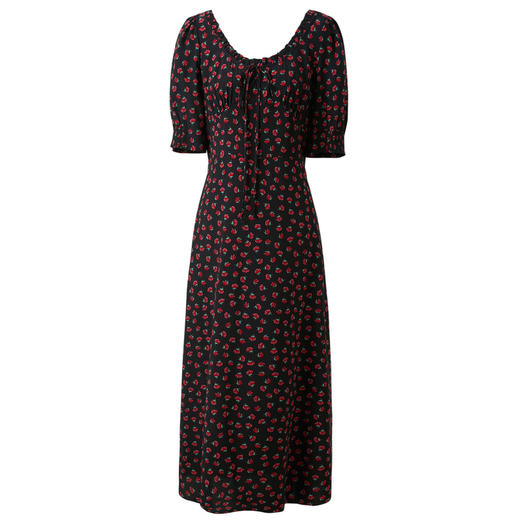 三彩2025春季新款玫瑰印花连衣裙法式浪漫长裙木耳边S 商品图4