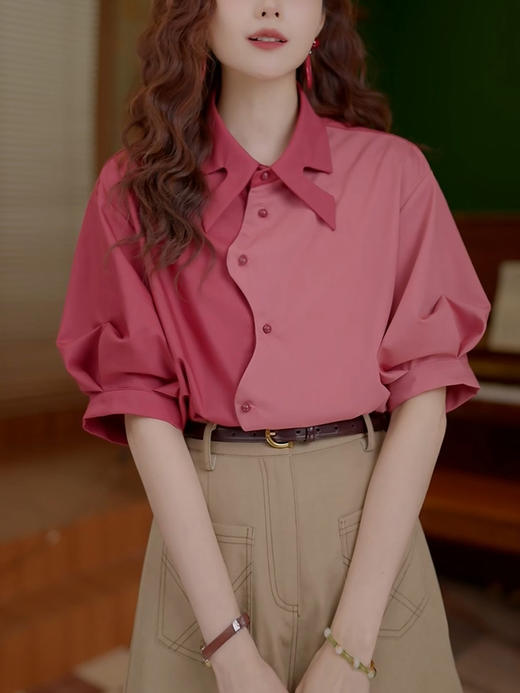 裁缝学苑AQ432设计感港风复古短袖衬衫女新款拼色宽松不对称上衣样板 商品图3