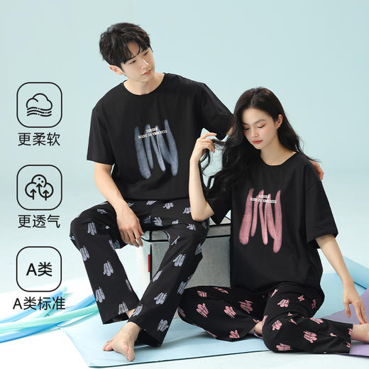 【抗菌新疆棉】自然醒「浪漫月光」情侣大码睡衣女纯棉夏季凉感时尚字母套装男200斤两件套家居服薄JLM 商品图2