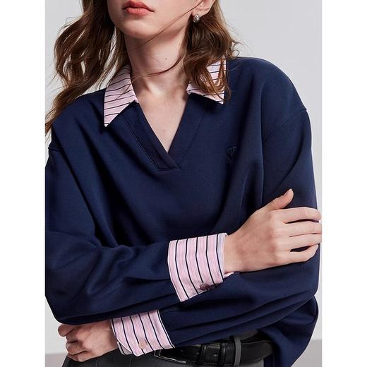 初语V字翻领卫衣女2025年春季新款撞色拼接假两件知识分子风上衣 商品图3