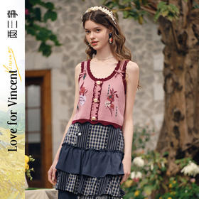 两三事梵高文艺花漾细语2025春新款甜美方形纽扣花色无袖针织衫女