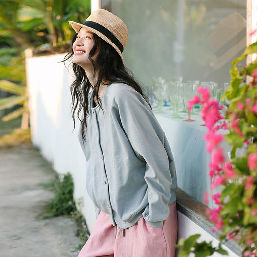 绽放141朵/2025春季纯棉开襟落肩长袖日系文艺卫衣圆领短款外套 商品图3