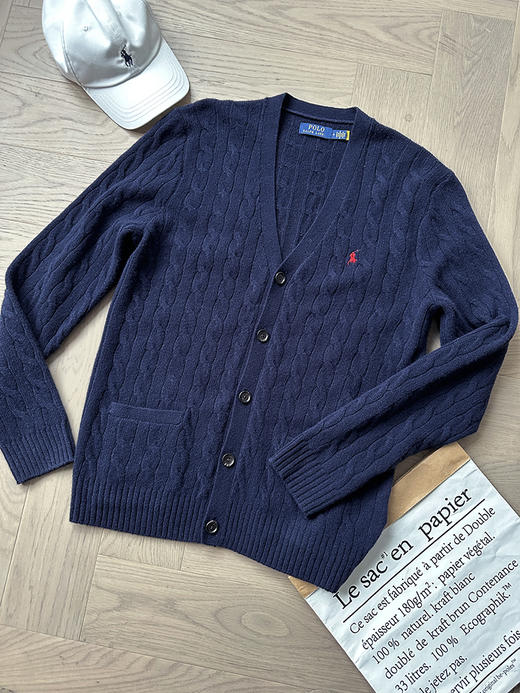 单品包邮现货 THS 无 RL马球男士 源厂尖尾PRL 羊毛羊绒Cable Knit绞花针织V领开衫 3色 AM1140 商品图1