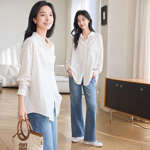 VICTORIA&VERA春季“水生浮想”系列咖色细闪竖条纹宽松松弛感慵懒衬衫 商品图7