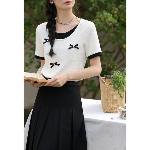 【65折秒杀】鹿向南「云端絮语」米白色T恤短袖女夏季新款假两件圆领正肩上衣L53573 商品图1