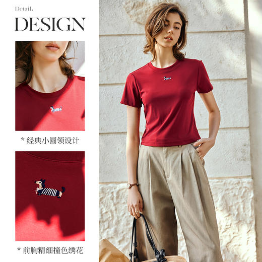 OLrain欧芮儿2025夏季新款红色复古小狗绣花短款正肩短袖T恤女 商品图3