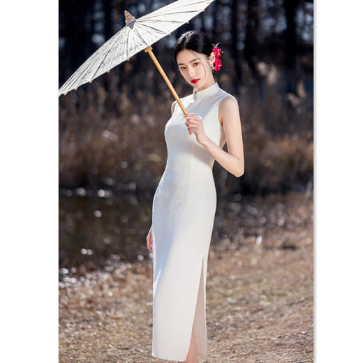 纯白色国风少女款长款无袖旗袍GX375029 商品图3