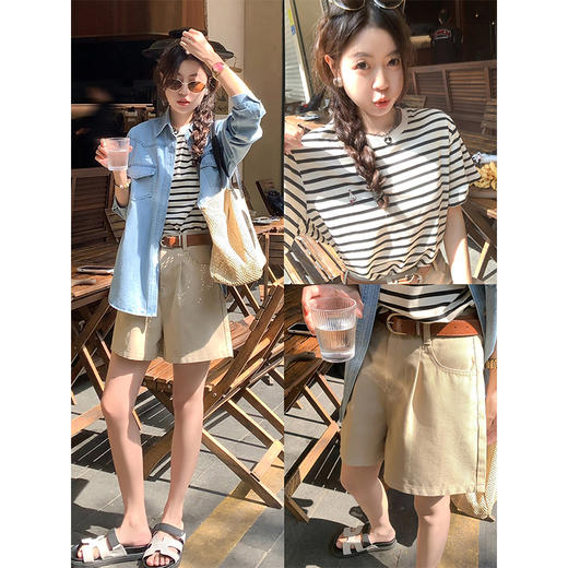 <曾小咸推荐>休闲百搭黑杏条纹宽松圆领短袖T恤 商品图4