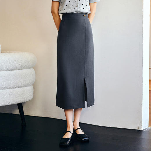 OLrain欧芮儿灰色直筒半身裙女春季2025新款通勤设计感开叉半裙 商品图0