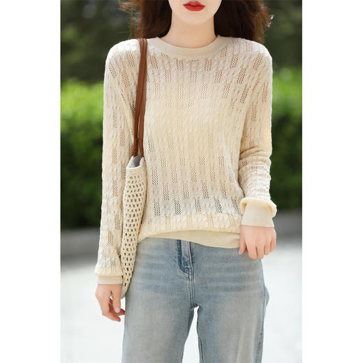 扭花镂空精纺羊毛衫 | 莎岚伊陌 女士春秋款圆领显瘦落肩微透毛衣上衣 商品图3