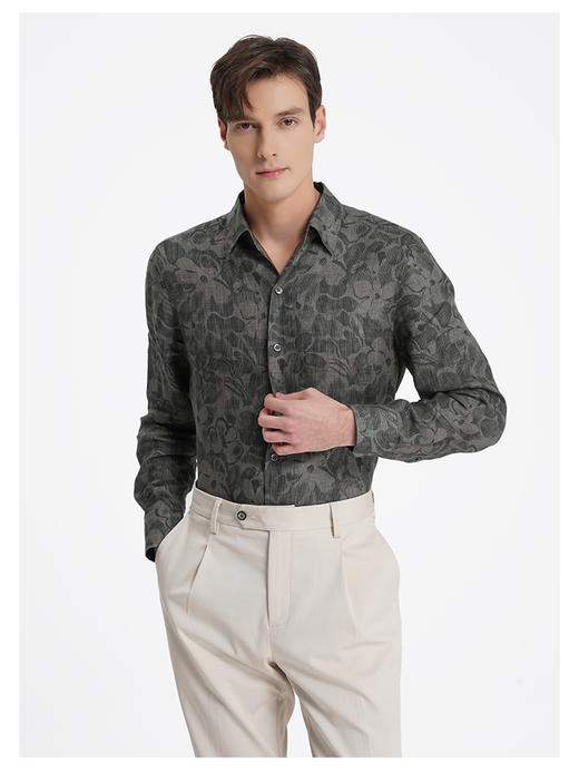 callisto山海系列海藻绿植物印花亚麻休闲衬衫 商品图2