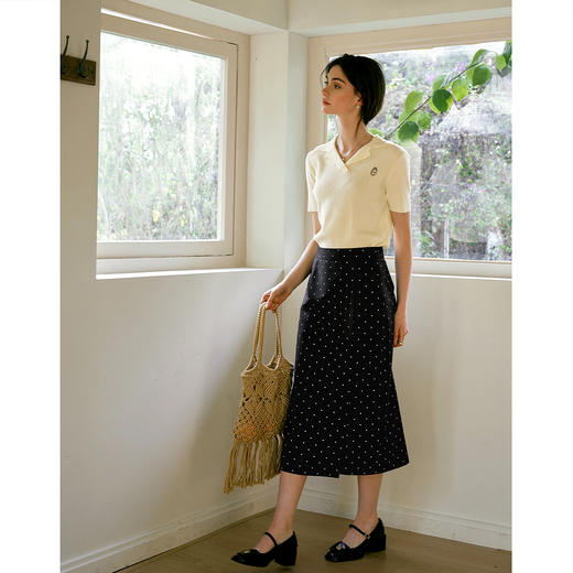 OLrain欧芮儿2025春季新款法式复古波点开叉纽扣高腰中长半身裙女 商品图3