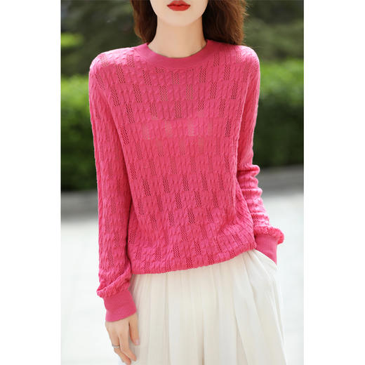 扭花镂空精纺羊毛衫 | 莎岚伊陌 女士春秋款圆领显瘦落肩微透毛衣上衣 商品图5