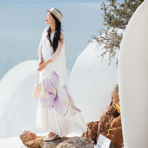 【林栖设计小店】桑蚕丝印花连衣裙紫荆花宽松2025夏季新品花仙子长裙女1952103 商品图3