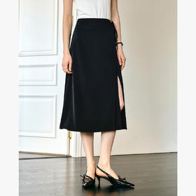 Olrain欧芮儿黑色开衩一片式A型半身裙女春季2025新款高腰中长裙