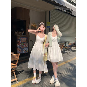 <曾小咸推荐>韩系甜美风白色V领长短款吊带连衣裙