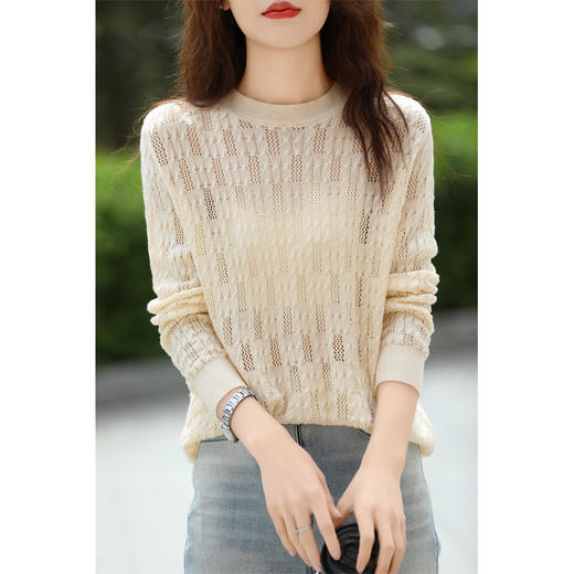 扭花镂空精纺羊毛衫 | 莎岚伊陌 女士春秋款圆领显瘦落肩微透毛衣上衣 商品图1