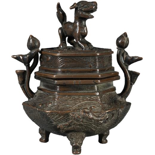 清 铜六角莲花纹瑞兽钮香炉 商品图5