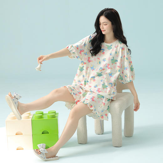 【抗菌新疆棉】自然醒「香甜精灵」睡衣女夏季7A抗菌超柔软凉爽短袖短裤圆领女纯棉家居服JLM 商品图7