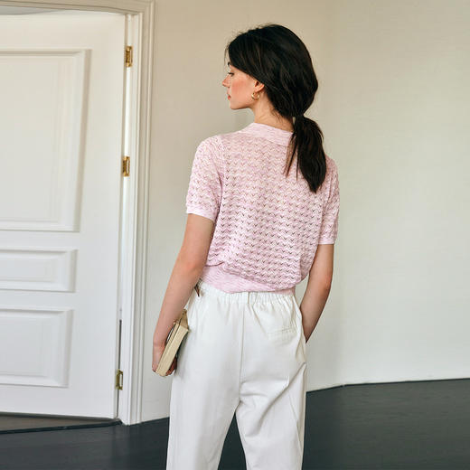 OLrain欧芮儿2025夏季新款POLO领粉色系通勤镂空短袖针织T恤衫女 商品图4