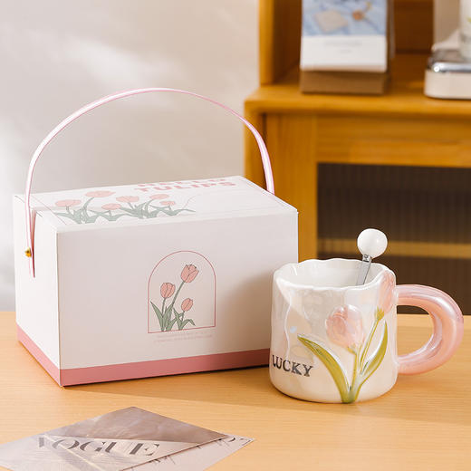 【礼盒装！珠光郁金香马克杯】可爱早餐马克杯女高颜值家用郁金香陶瓷杯子创意情侣咖啡水杯。ry 商品图4