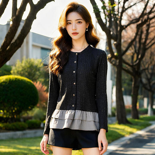 奢姿大码女装2025春季减龄荷叶边假两件针织衫胖妹妹时尚拼接上衣9951658072 商品图4