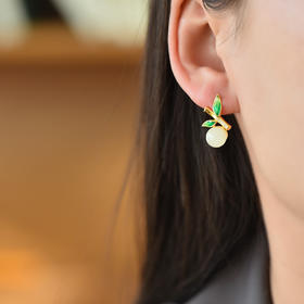 925银新中式古风珐琅竹节叶子，镶嵌和田玉珠子玉耳环耳钉2686-2