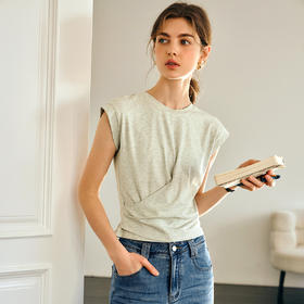 OLrain欧芮儿不规则小飞袖扭结T恤女春季2025新款气质设计感上衣