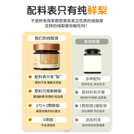 【美味好物 | 鲜百分纯梨膏150g*1/2瓶装】配料干净只有纯梨，不加一滴水一滴糖，选用安徽砀山酥梨，经过九炼九滤梨膏制作工艺，30斤梨熬出1斤膏，滴滴精华，随心搭配家中常备~ 商品图3