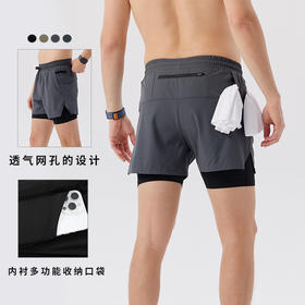 跃牌【跃LEAP-ACTIVE】 二合一速干双层防走光健身短裤夏季带腰包男休闲短裤H51147