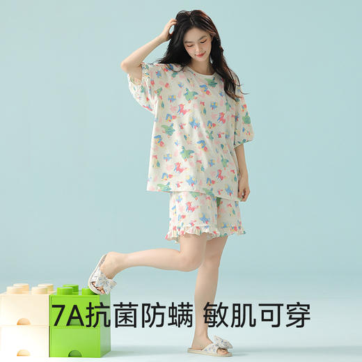 【抗菌新疆棉】自然醒「香甜精灵」睡衣女夏季7A抗菌超柔软凉爽短袖短裤圆领女纯棉家居服JLM 商品图6