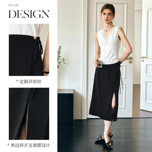 Olrain欧芮儿黑色开衩一片式A型半身裙女春季2025新款高腰中长裙 商品图1
