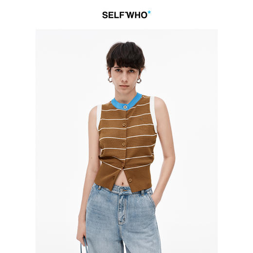【笑脸衣橱】SELFWHO笑脸衣橱条纹针织马甲背心女2025夏新款收腰无袖短款马夹 商品图1