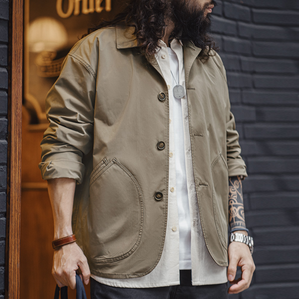 工装优选法式复古斜插袋工装夹克薄款梭织翻领休闲廓形外套男春