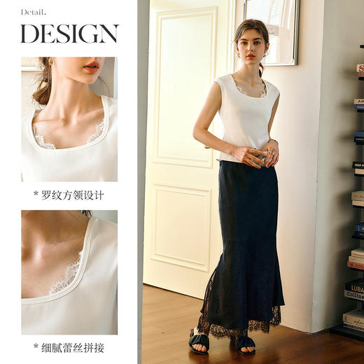 OLrain欧芮儿蕾丝方领法式T恤女春季2025年新款修身内搭打底上衣 商品图2