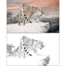 冯大中 老虎 工笔画白描底稿《晚霞》动物临摹勾线高清打印稿DZ14
