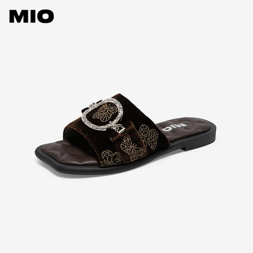 MIO米奥拖鞋女丝绒蝴蝶复古低跟方头外穿度假凉鞋M253131943 商品图0