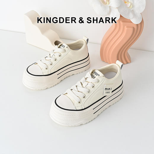 经典鲨2025年春新品韩版百搭厚底休闲平底系带小白鞋板鞋女KW389-517011 商品图0
