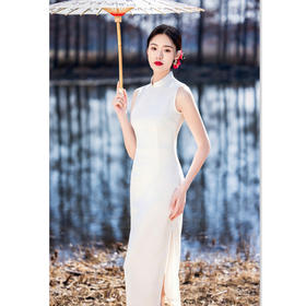 纯白色国风少女款长款无袖旗袍GX375029