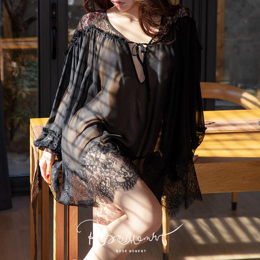 微透乔其真丝性感长袖夜衣 S623012 商品图0