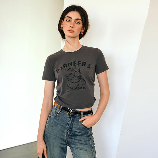 Olrain欧芮儿2025新款夏季休闲减龄短袖趣味小猫图案短款T恤女 商品图0