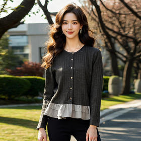 奢姿大码女装2025春季减龄荷叶边假两件针织衫胖妹妹时尚拼接上衣9951658072