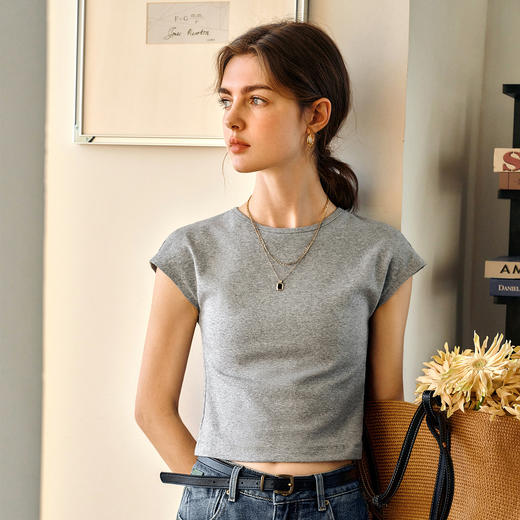 Olrain欧芮儿灰色简约百搭T恤女春季2025年新款修身显瘦内搭上衣 商品图0