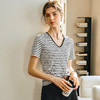 OLrain欧芮儿V领条纹百搭T恤女春季2025新款气质修身显瘦撞色上衣 商品缩略图0