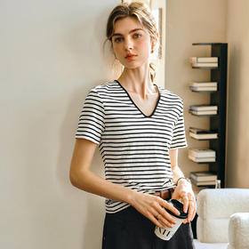 OLrain欧芮儿V领条纹百搭T恤女春季2025新款气质修身显瘦撞色上衣