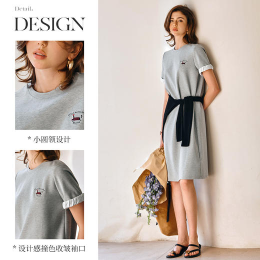 OLrain欧芮儿灰色休闲设计感连衣裙女春季2025年新款宽松撞色裙子 商品图1