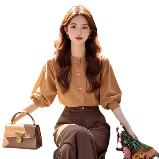 洋气职业小香风咖色衬衫阔腿裤子套装 商品图4