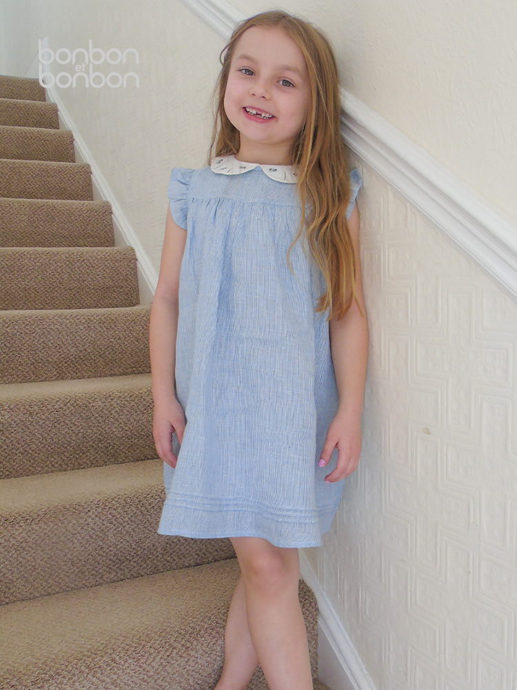 刺绣蓝色细格连衣裙