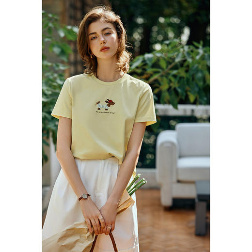 OLrain欧芮儿珠片绣刺绣圆领黄色T恤女春季2025新款宽松休闲上衣 商品图2